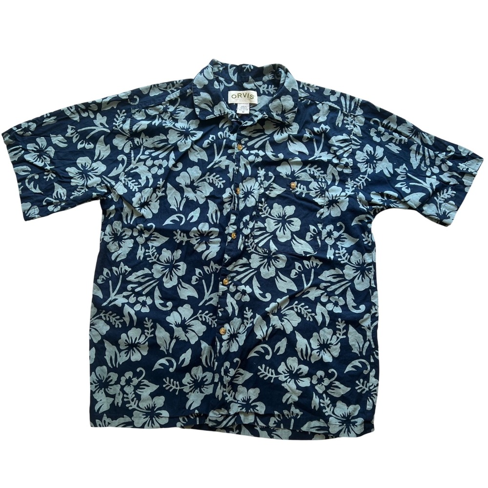 Orvis Floral Button Down Short Sleeve Hawaiian Shirt Mens Medium Tropical Resort